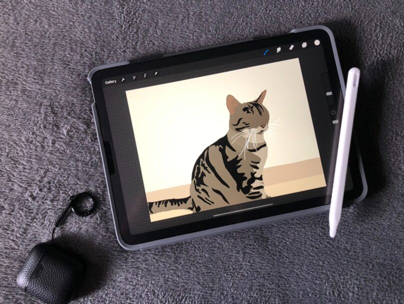 Digital drawing of a cat on an iPad.